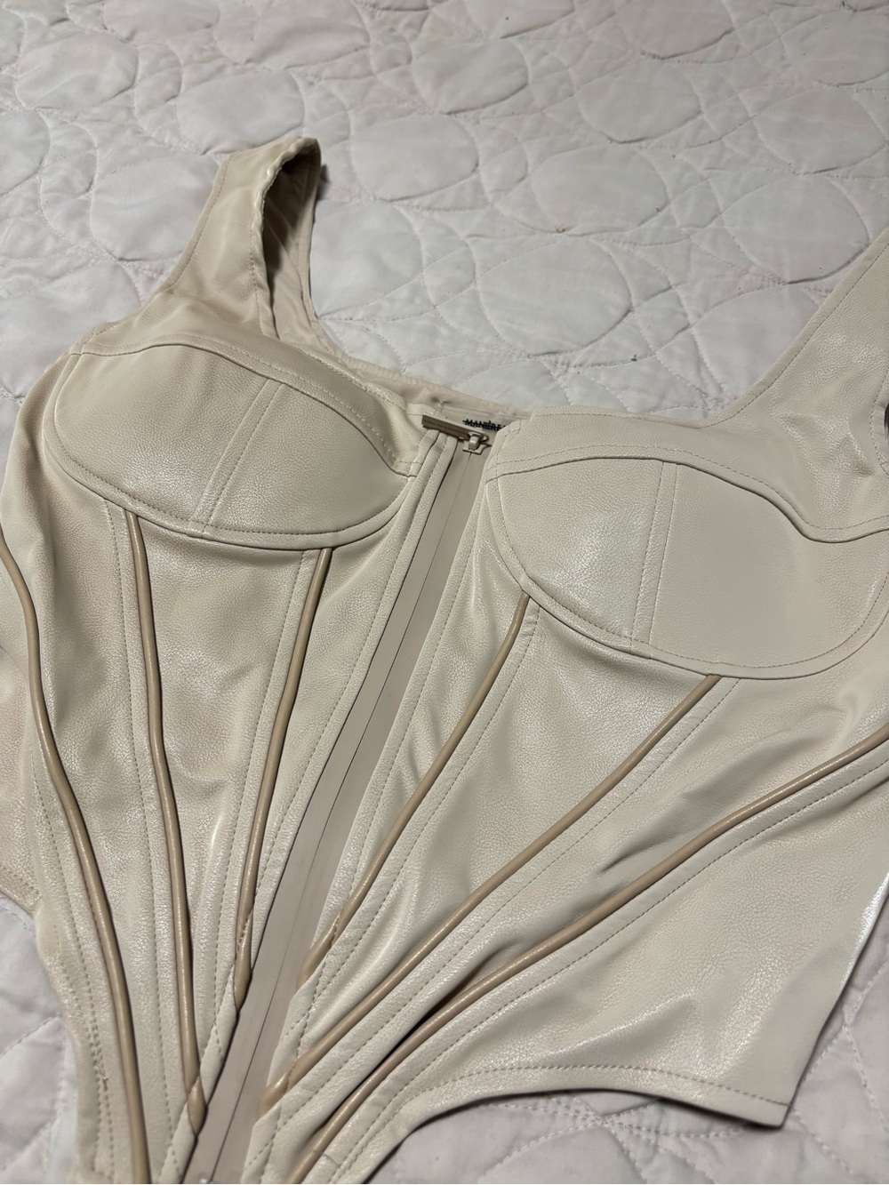 Maniere De Voir Cream Faux Leather Corset Top
